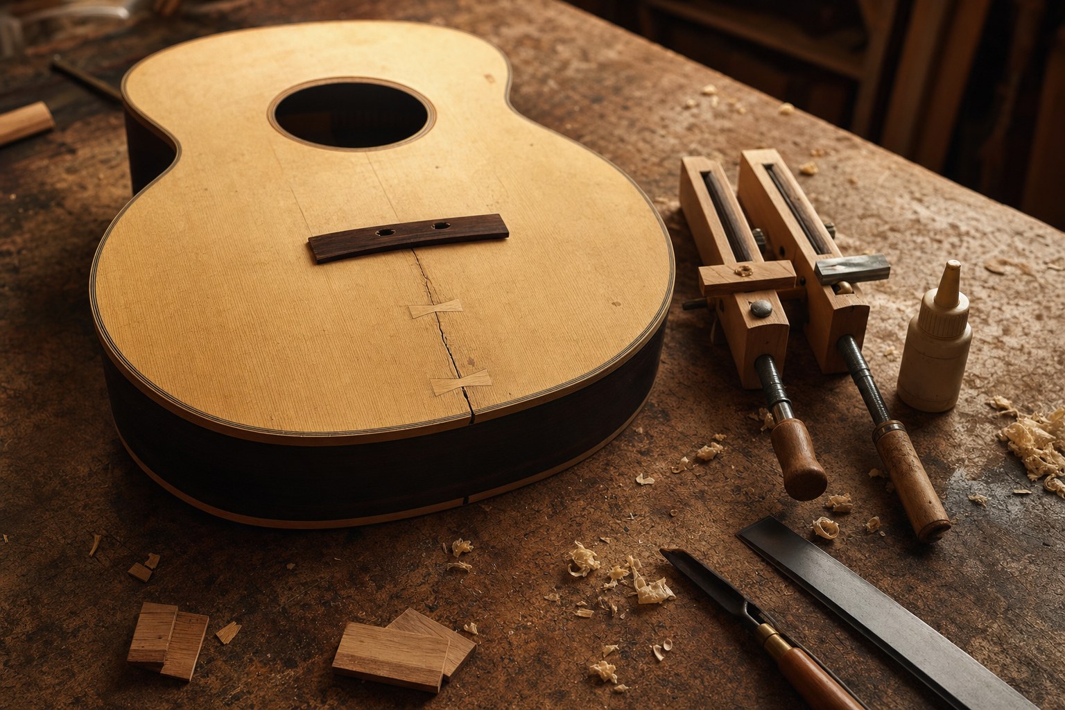 Luthier repair bench with a cracked acoustic guitar top and hand tools