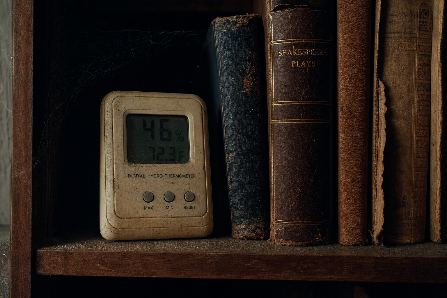 The old way: dusty shelf hygrometer far from the guitar