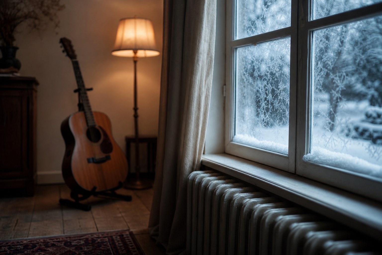 Winter music room, frosted window