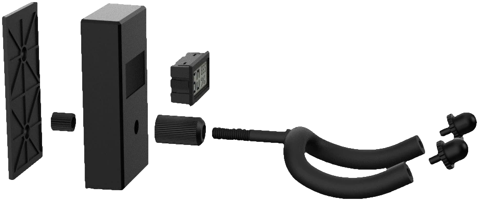Exploded view of HygroMount: wall plate, body, sensor module, yoke, and hardware.