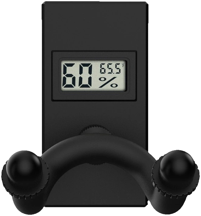 HygroMount front view: matte black wall mount with integrated humidity and temperature display.