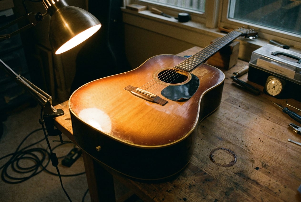 An acoustic guitar top lit at a low angle by a desk lamp, with grain texture visible through the finish and one corner of the pickguard lifting.