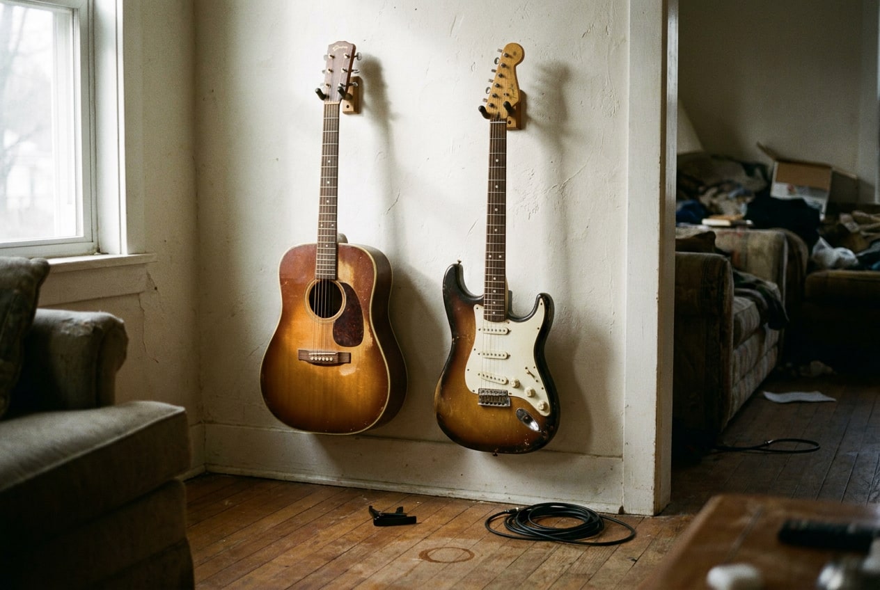 An acoustic guitar and an electric guitar hanging side by side on a living room wall in morning light, with a capo on the floor below.