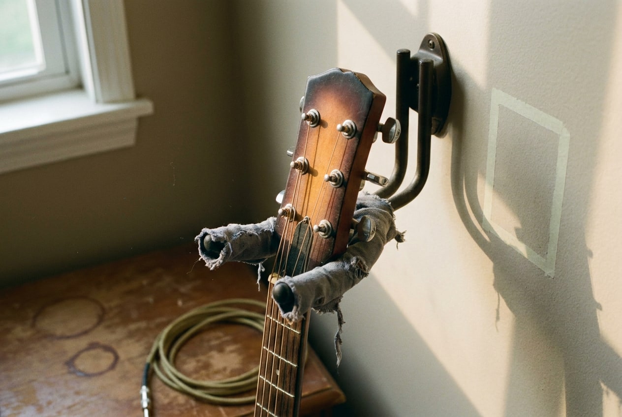 Back of an acoustic guitar headstock resting in a wall hanger with its arms wrapped in a strip of grey cotton cloth, lit by afternoon window light.